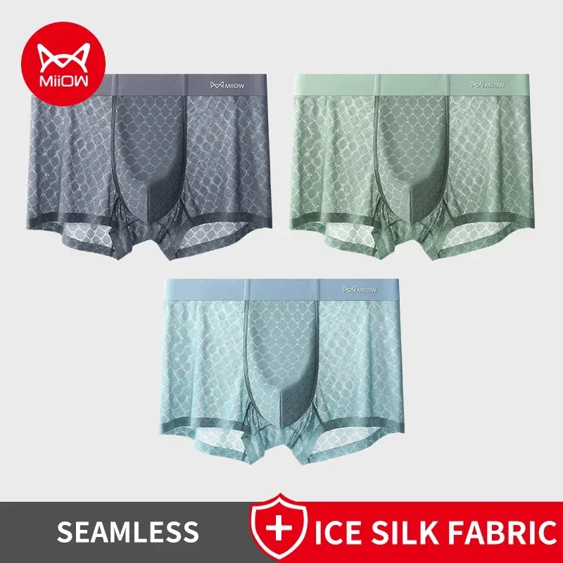 MiiOW 3 Chiếc Liền Mạch Ice Silk Nam Quần Lót Boxer Mùa Hè Lưới Thoáng Khí Quần Lót Nam Kháng Khuẩn Quần Lót Nam Võ Sĩ Quần Đùi