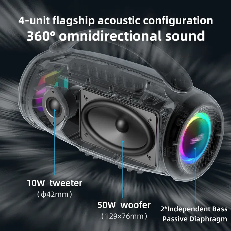 Zealot-P12 Speaker 60W Portable Bluetooth Speaker with IPX6 Waterproof Comfortable handle Controllable lighting TF USB