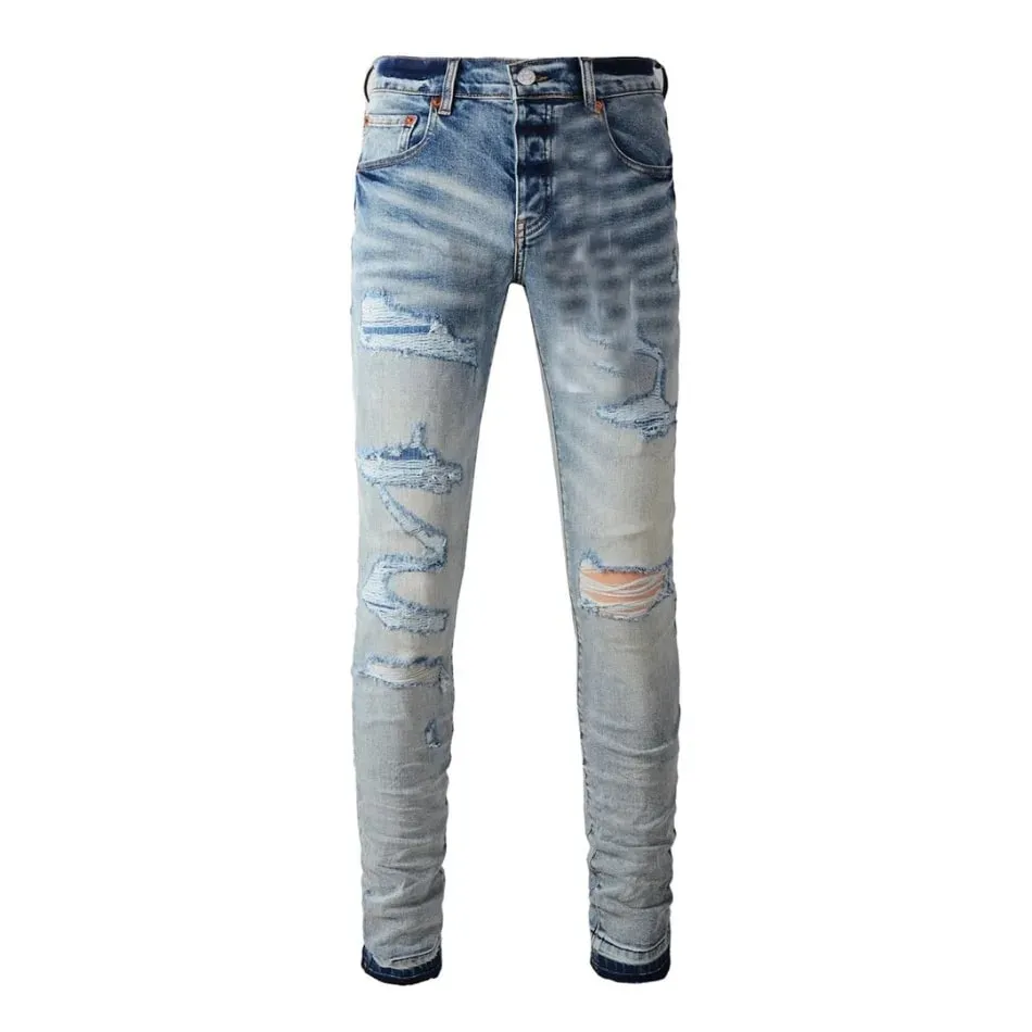 High Street Men's Jeans American Distressed Dark Black Coated Blank Stretch Skinny Button Fly Ripped Pants Trousers — image 4