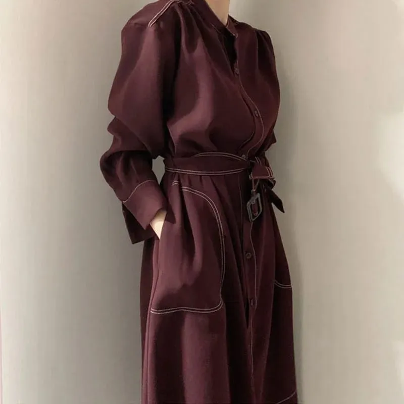 Spring Autumn Single Breasted Women's Shirt Dresses Sashes 2024 New Stand Collar Korean Casual Straight Dress Female