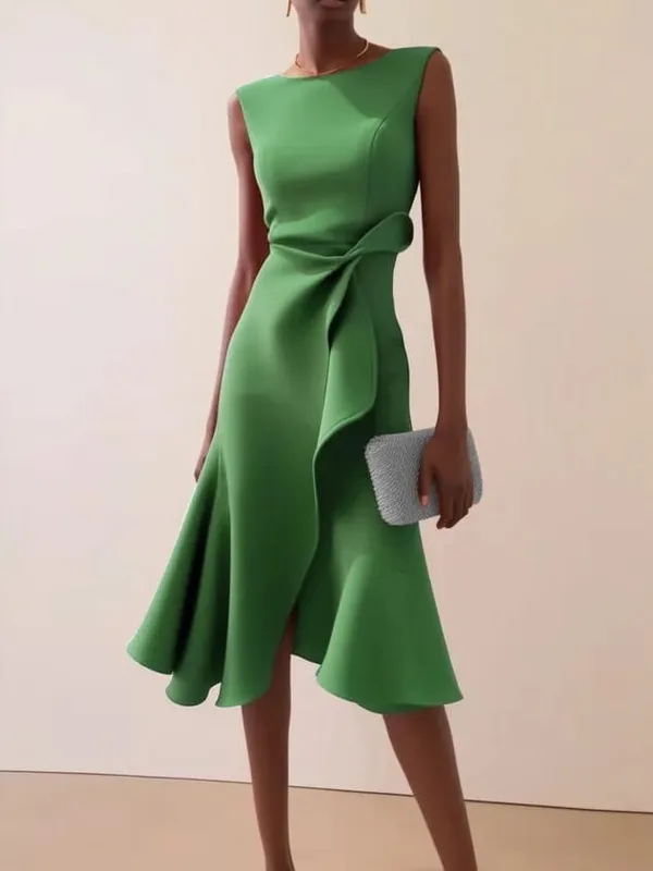 Women Sleeveless Solid Color Round Neck Midi Dress Elegant Slim Fit Formal Party Outfit Fashion 2025 New Arrival — image 9