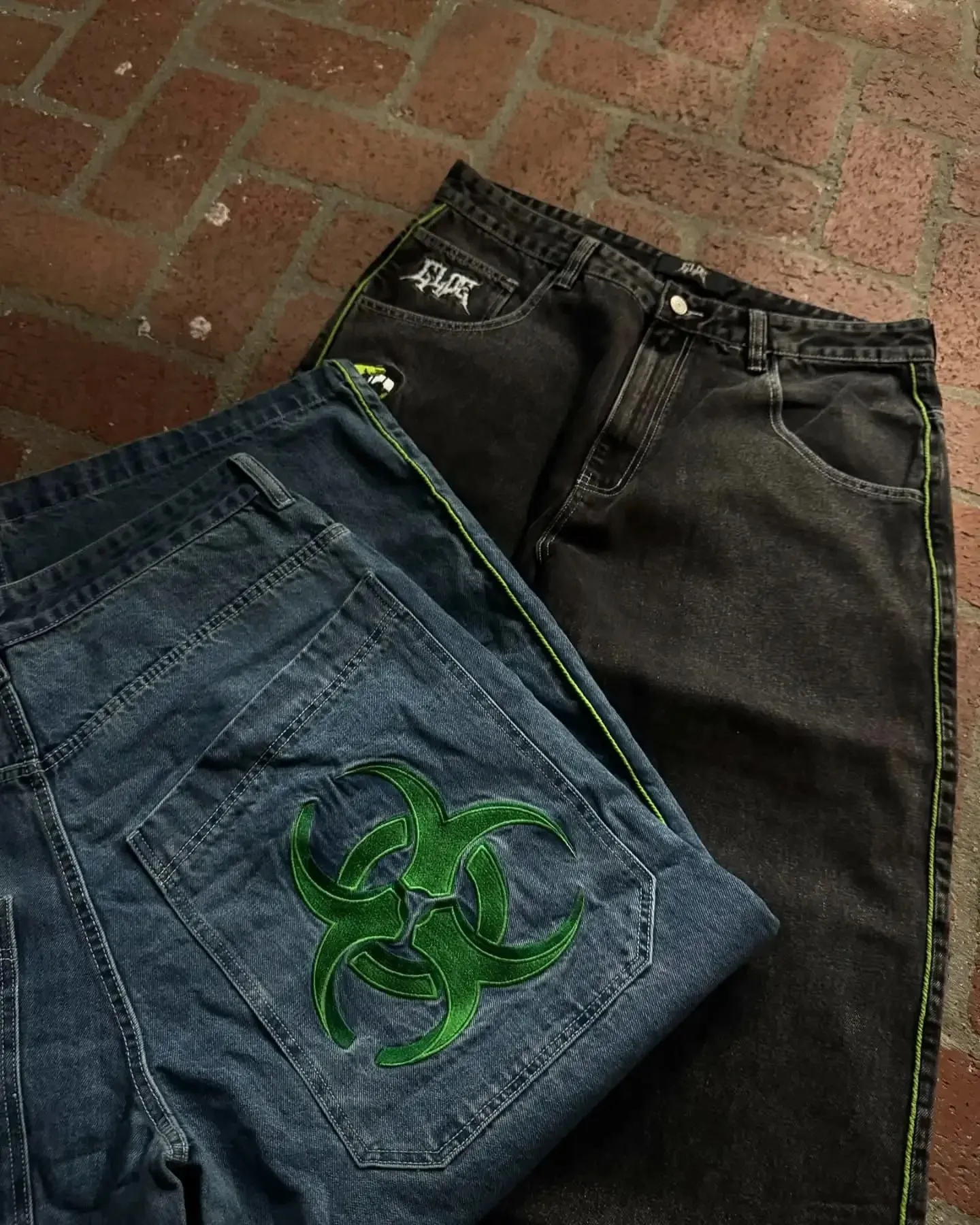 Y2K Gothic Nuclear Waste Embroidery Jeans Punk Straight Wide-leg Denim Pants Men Fashion Hip Hop Retro Baggy Jeans Streetwear — image 3