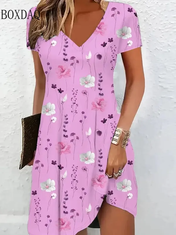 3D Vintage Women Flowers Printed Dresses Summer Plus Size Short Sleeve V-Neck Casual A-Line Knee-length Dress Loose Vestidos — image 2