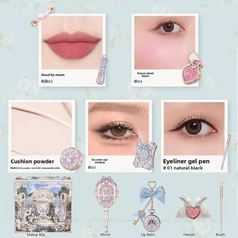 Flowerknows Garden Collection Lip Cream Blush Air Cushion CC Cream Liquid Foundation Eye Shadows Palette Makeup Set 10pcs