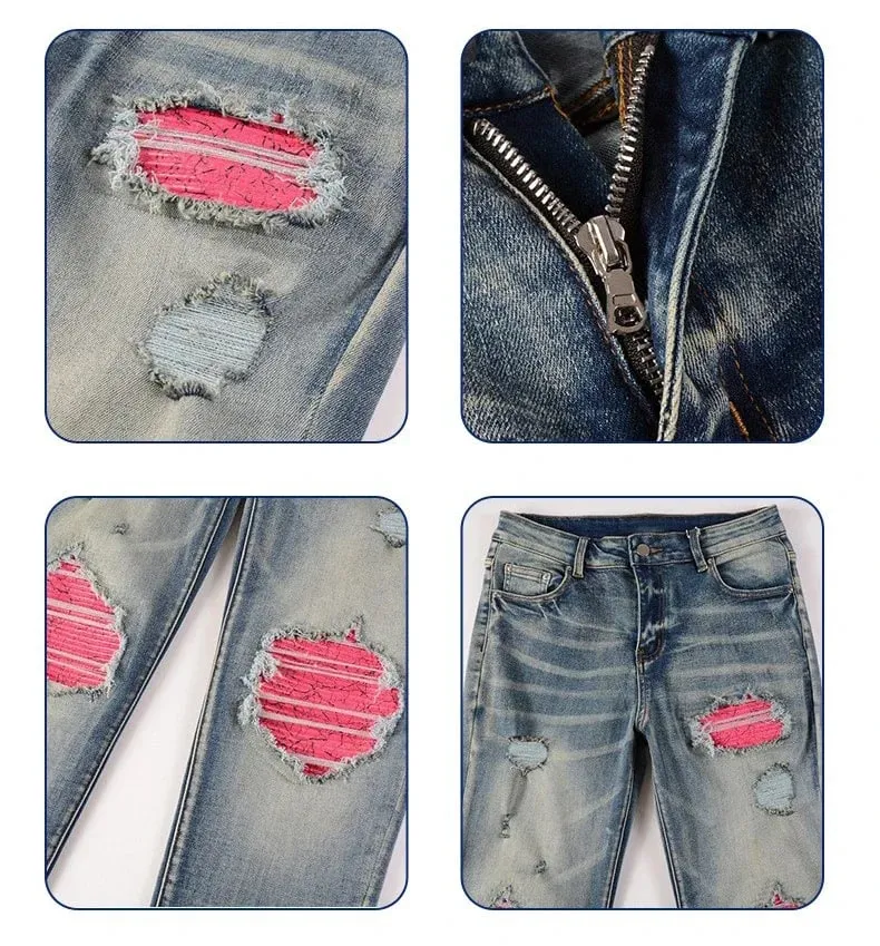 Hole Jeans Men Patchwork Ankle Length Trousers Washed Denim Pencil Pants Mid Waist Vintage Distressed Autumn Street Denims