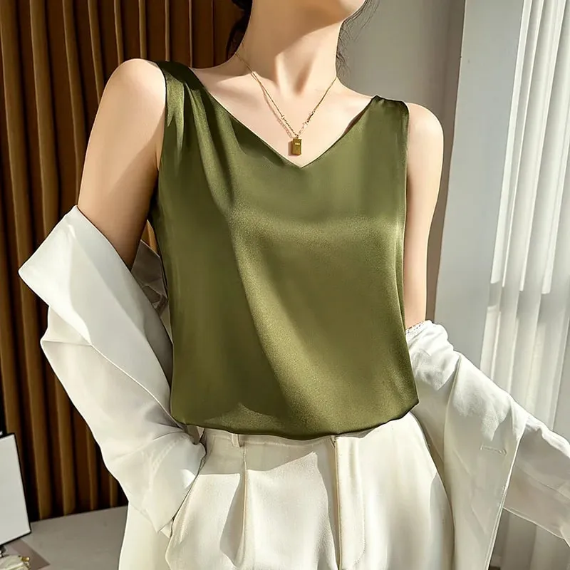Silk Satin Women Double Shoulder Camisole Tank Top V-neck Sleeveless Top T-shirt Elegant Crop Top Solid Casual Basic 2025 Summer — image 13