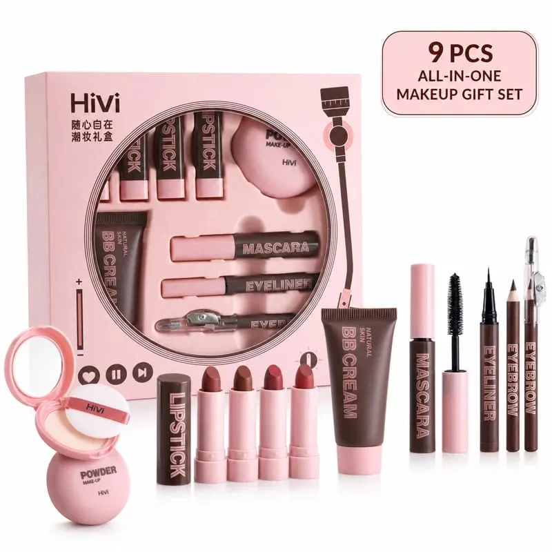 9PCS Makeup Gift Set for Women All-in-One Lipstick Mascara Eyeliner BB Cream Powder Compact Travel Beauty Kit for Beginners — image 1