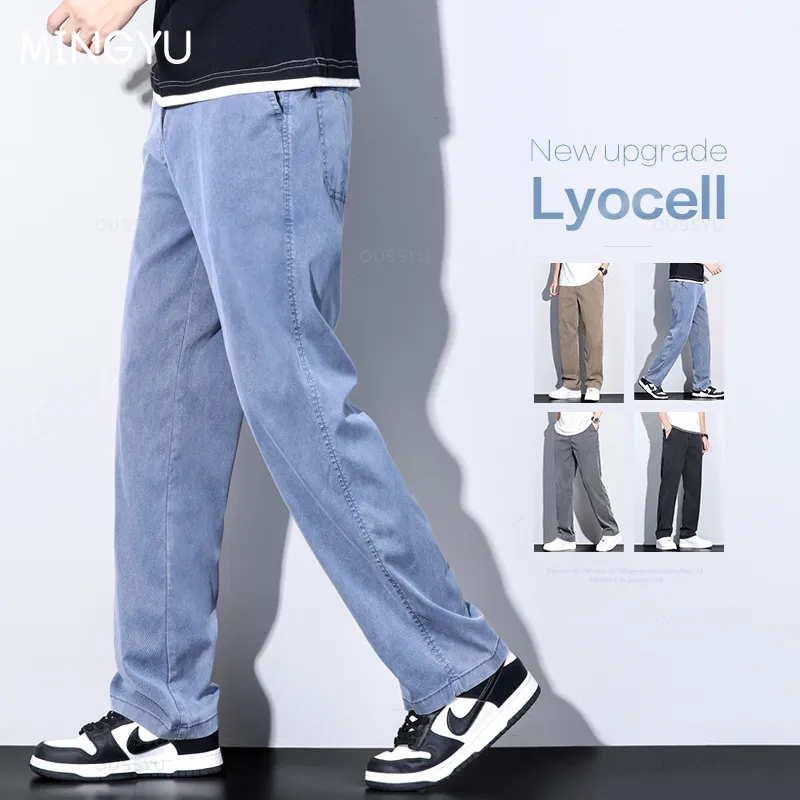Summer New Upgrade Soft Lyocell Fabric Jeans Men Ultrathin Blue Elastic Waist Loose Straight Denim Trousers Male Plus Size 5XL