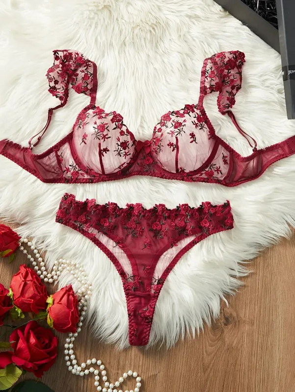 1 Set Romantic Rose Flower Embroidery Lingerie Set Ruffle Strap Sheer Mesh Bra Thong Set