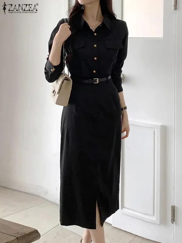 Elegant Women Dresses 2025 Autumn Long Sleeve Vestidos Solid Casual Waisted No Belted Robe Office Lady Midi Spilt Robe