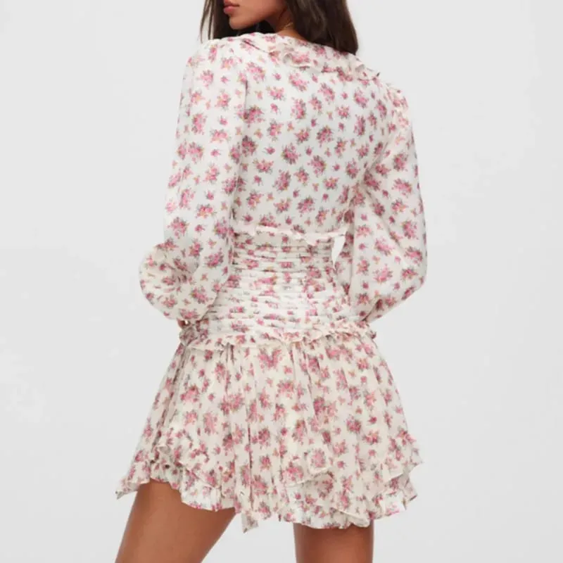 Boho Floral Print Ruffle Mini Dress Women Front Button Long Sleeve V Neck Spring Dresses 2025 Holiday Robe Short Vestidos — image 3
