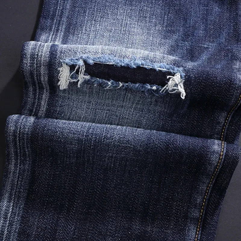 High Street Retro Blue Elastic Split Style Jeans for Men Hip-Hop Designer Embroidery Brand Tight Fit Casual Pants — image 5