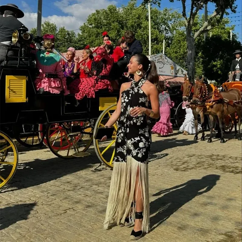 Vintage potisk střapec asymetrické dlouhé šaty dámské ohlávka bez rukávů bez zad, dámské společenské šaty jaro léto dámská elegance