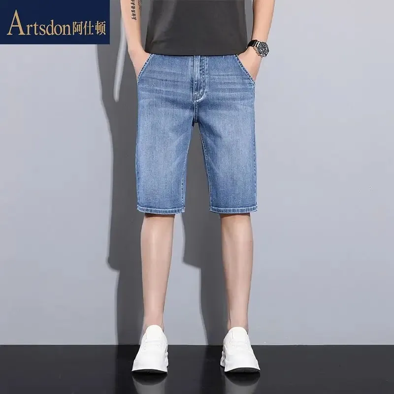 New Summer Men's Denim Thin Casual Pants Straight Leg Shorts Elastic Five Quarter Pants