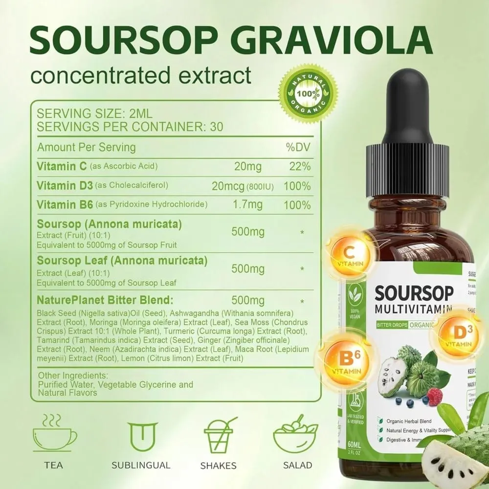 Soursop Liquid Drops Herbal Extract Plant Based Supplement with Soursop Fruit and Leaf Blend Daily Wellness Formula Vegan