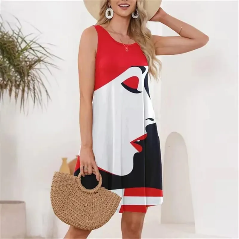 Face Pattern Women Fashion Mini Dresses Summer Sleeveless 3D Printing Street Ladies Dress 3XL Plus Size Casual Dress — image 6