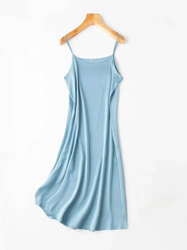 SuyaDream Women Silk Dress 93%Silk 7%Spandex Spaghetti Strap Mid Dresses 2024 Summer New Clothes Blue — image 3