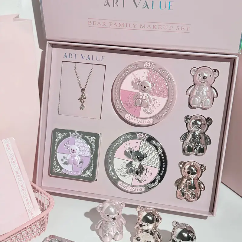 ART VALUE 7PCs Multipurpose Makeup Sets Include 3 Matte Lip Mud 1 Pressed Powder 1 Blush 1 Eyes Palette And Necklace Cosmetics
