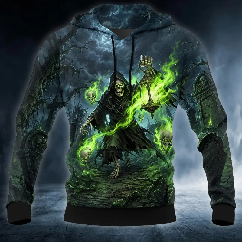 Men Gothic Werewolf Graphic Printed Hoodie Long Sleeve Pullover Sweatshirt Casual Full Moon Wolf Hooded Shirts Tops — image 5