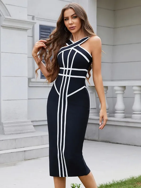Classic White And Black Stripes Bandage Long Evening Dress Luxury Contrast Vintage Woman Bodycon Elastic Dress Slim Midi