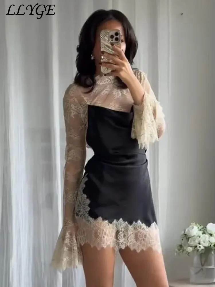Elegant blonde patchwork kort kjole kvinder se gennem høj krave flare ærmer festkjoler 2025 efterår dame aftenkåber — image 3