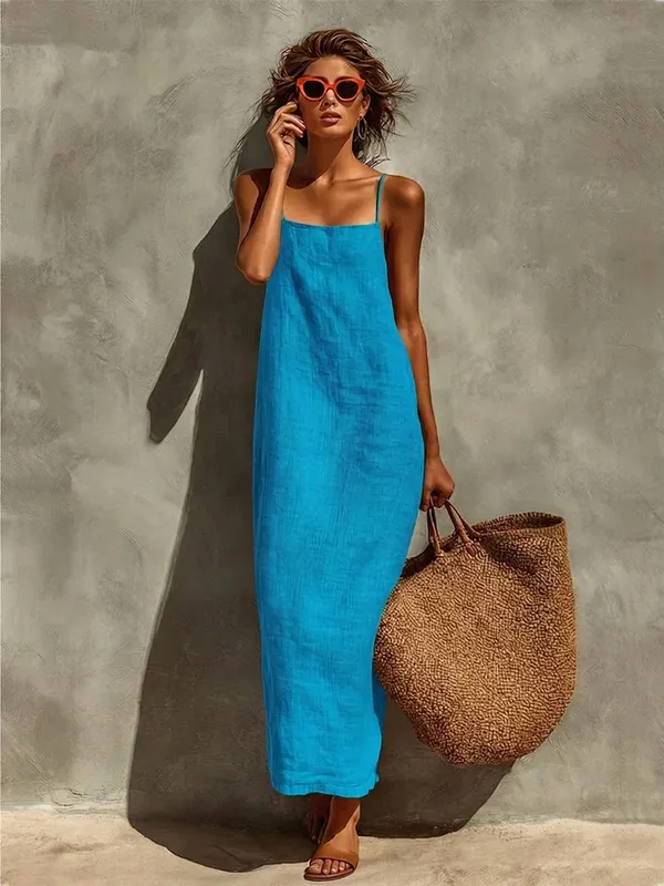 Yaz Kadın Düz Renk Rahat Rahat Kayma Sundress Kum Beachwear Backless Kolsuz Gevşek Maxi Uzun Tatil Elbiseleri — image 9