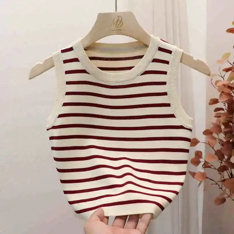 2026 Spring Summer New Sleeveless Ice Silk Knit Tank Top Striped O-Neck Women's Camisole Slim Fit Versatile Sexy Crop Tops