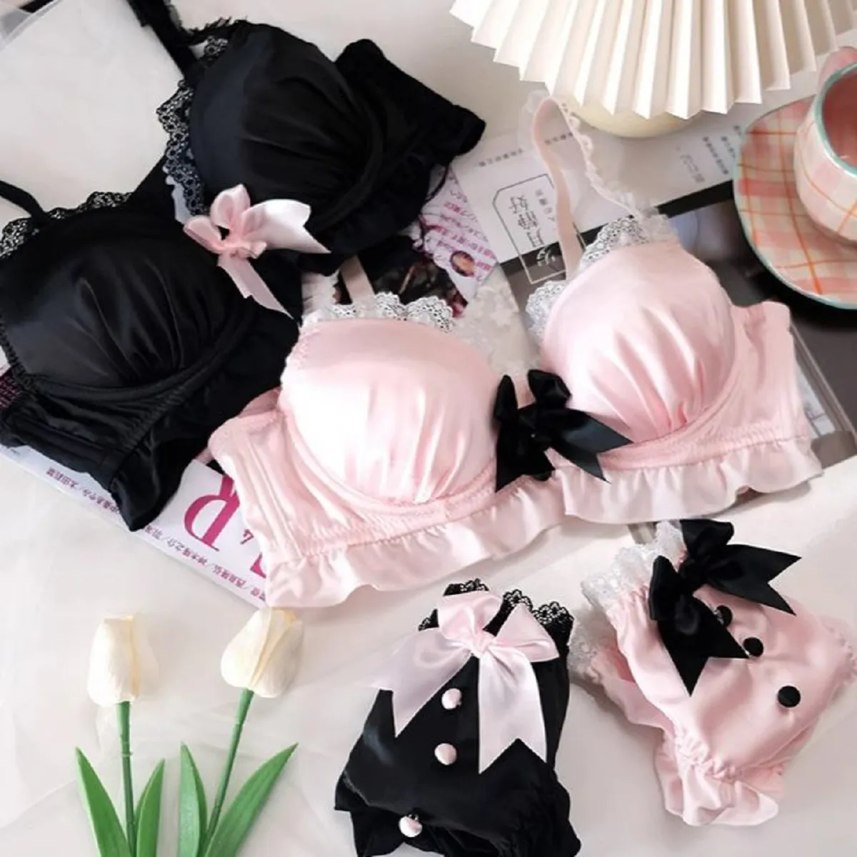 Embroidered Ruffled Shell Women Bra Underwear Cute Sweet Push Up Bra Panties Set Fresh Bow Triangle Cup Girl Lingerie Set — image 3