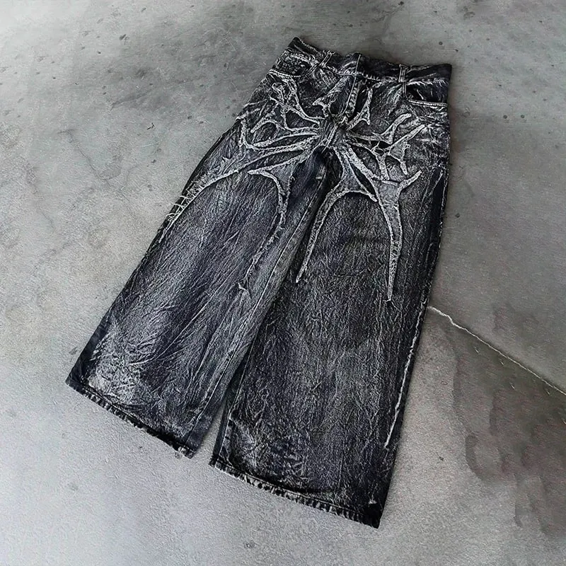 Y2K Retro Oversized Baggy Unisex Mopping Pants Phantom Jeans Men High Street Spider Embroidered Patch Hip Hop Streetwear Gothic