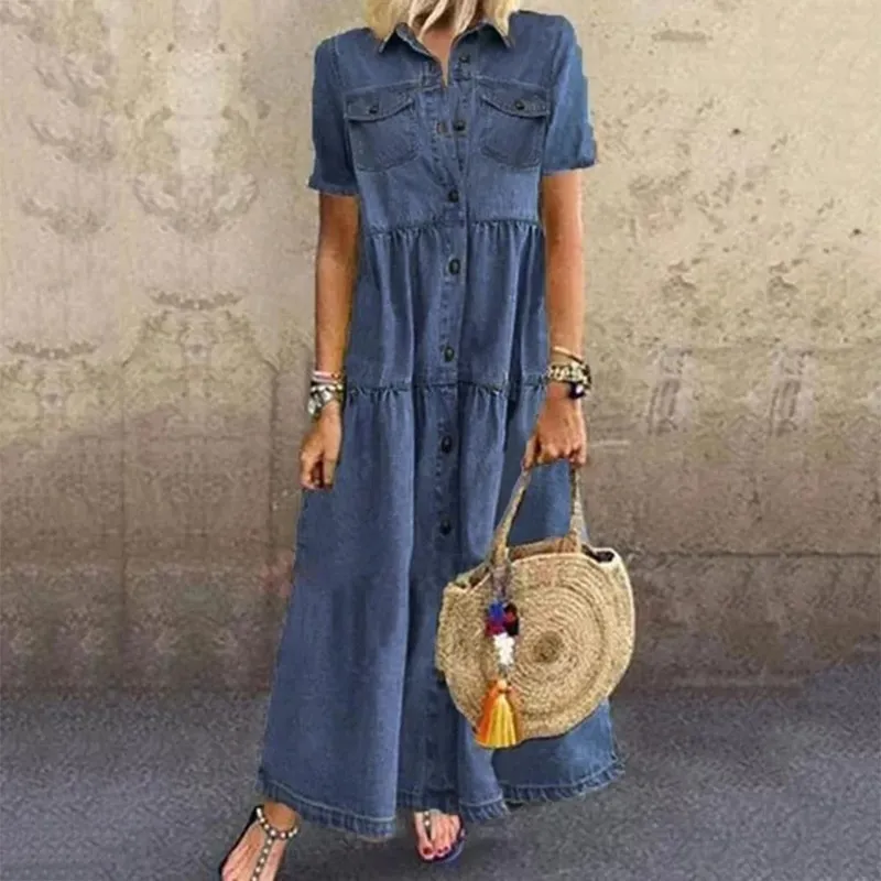 Retro Women Dresses 2022 Short Sleeve Turn Down Collar Pockets Button Long Loose Denim Dress Summer Long Dress — image 5