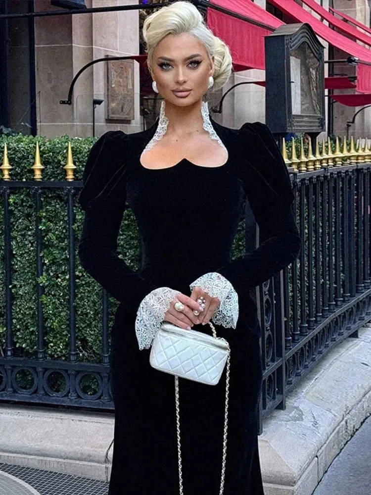 Velvet Lace Patchwork Dress Square Collar Waist Cinched Slim Fit Party Gown Robes Elegant Women Wrap Hip Fishtail Long Dresses — image 7