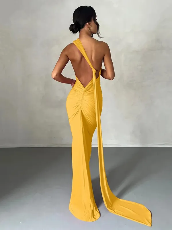 Hugcitar One Shoulder Backless Adjustable Scarf Loop Ruched Sexy Maxi Dress Women Elegant Y2K Streetwear Festival Outfit — image 21