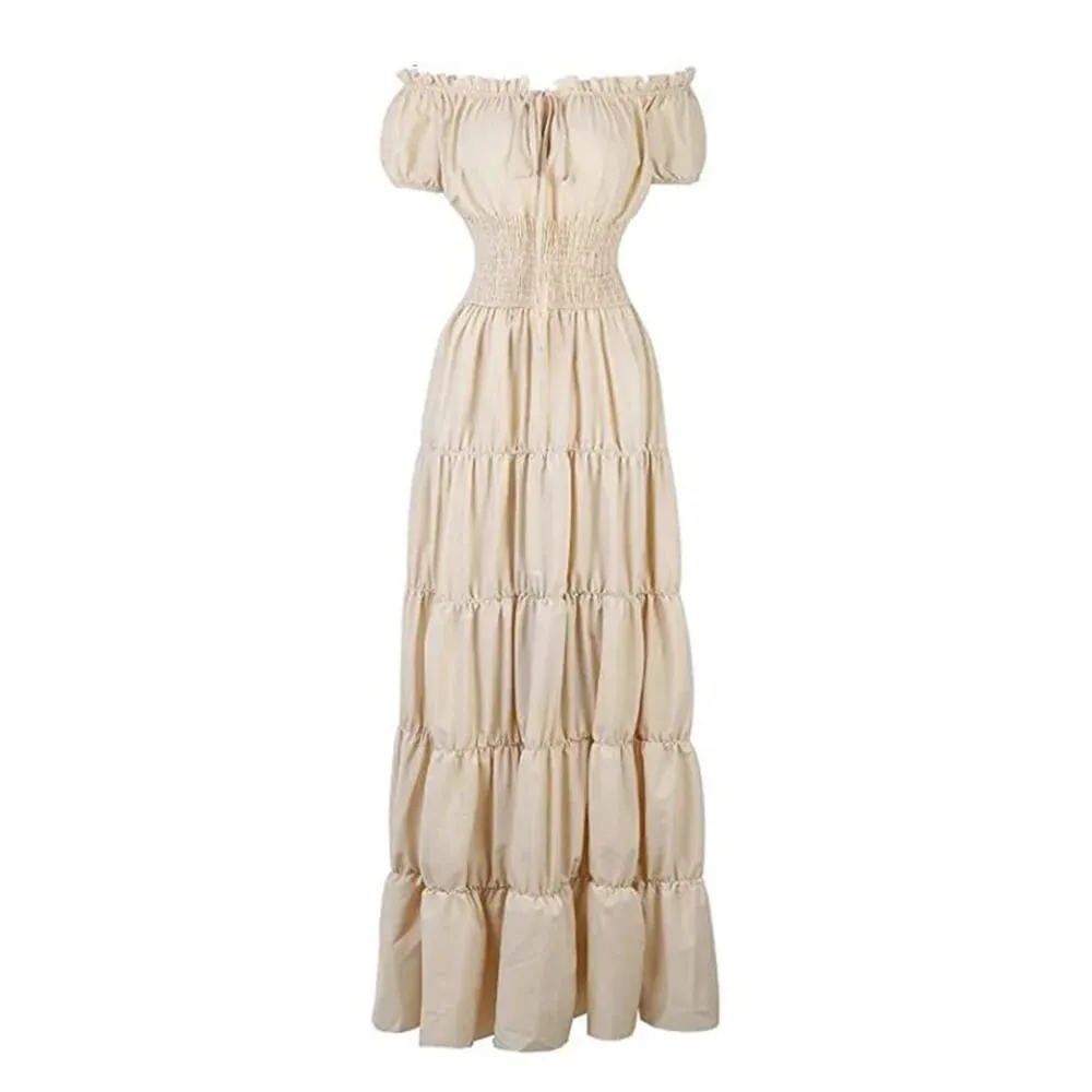 Elegant Medieval Renaissance Dress Boho Short Sleeves Off Shoulder Smocked Waist Retro Pleated Long Dress Costume Gown — image 6