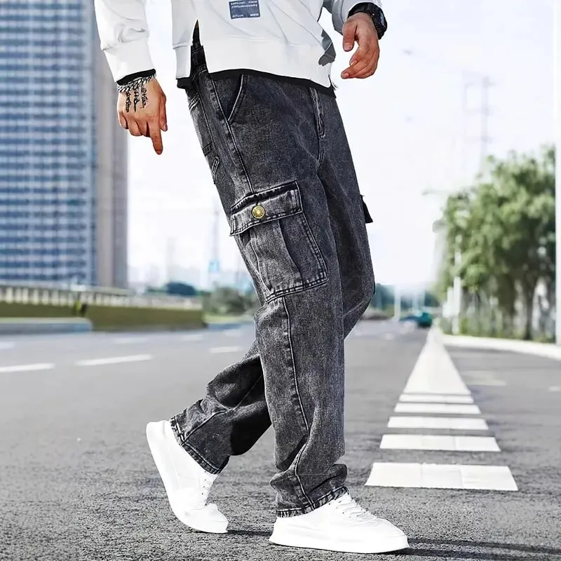 Korean Casual Comfortable Loose Fitting Jeans For Men Large Pocket Jeans Seasons Straight Leg Pants Work Pants — image 7