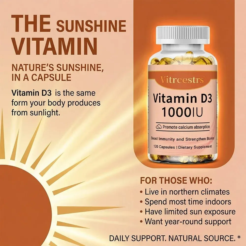 Vitamin D3 1000iu untuk Sokongan Imun Fungsi Otot yang Sihat dan Kesihatan Tulang - 120 Kapsul Sayuran Bebas Gluten Bukan GMO