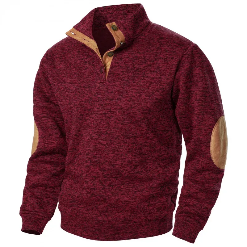 Men's Autumn Sweatshirt Patchwork Contrast Color Hoodies Stand Collar Men Botton Down Vintage Pullovers — image 9