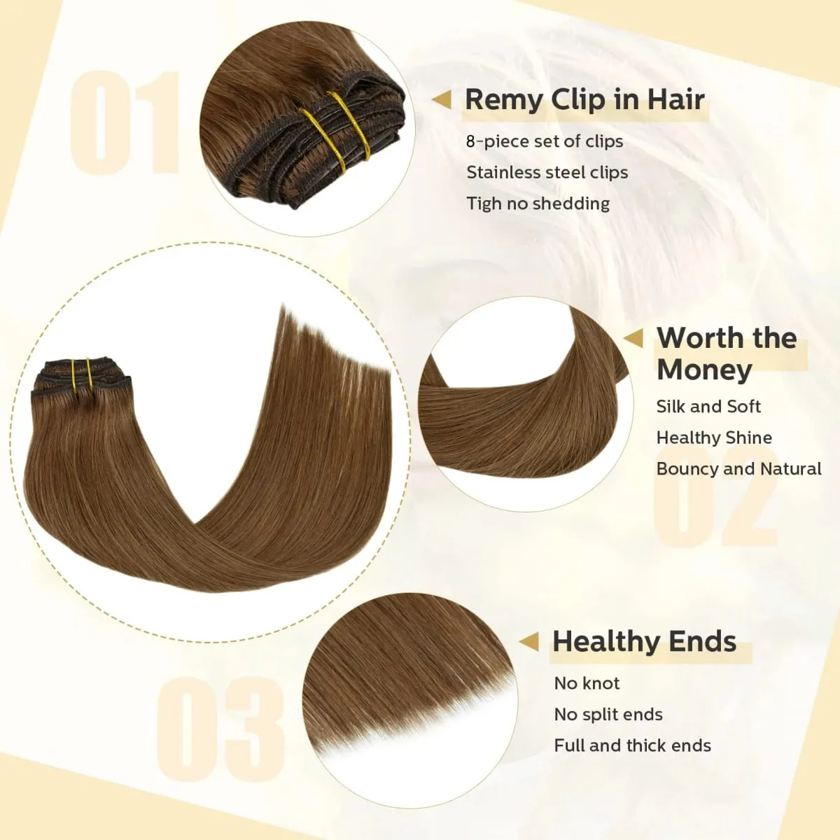 Clip In Hair Extensions #6 Chestnut Brown Double Weft Thick 120G 8Pcs Silky Straight Brazilian Clip In Human Hair Extensions — image 4