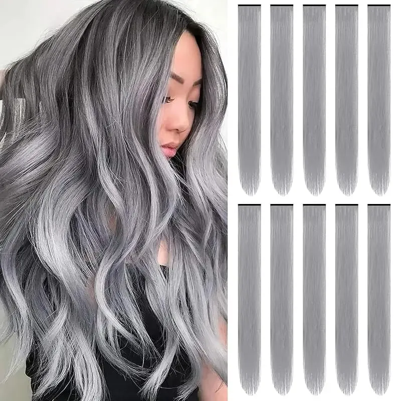 1 5 11 Pcs/lot Clip in Hair Extensions Multi-Colors Highlights Synthetic Hair 22 inch Rainbow Hairpieces for Girls Women Kids — image 9