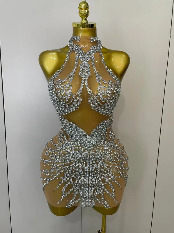 Sparkly Rhinestones Sexy Mesh See Through Dress Party Evening Prom Celebrate Birthday Dress Singer Dancer Show Stage Wear — image 2