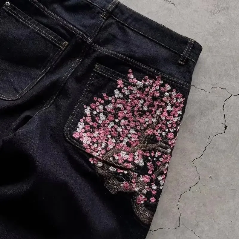 Y2K Harajuku jeans Goth vintage plum blossom embroidery pattern wide leg pants men women denim fabric American style street wear — image 10