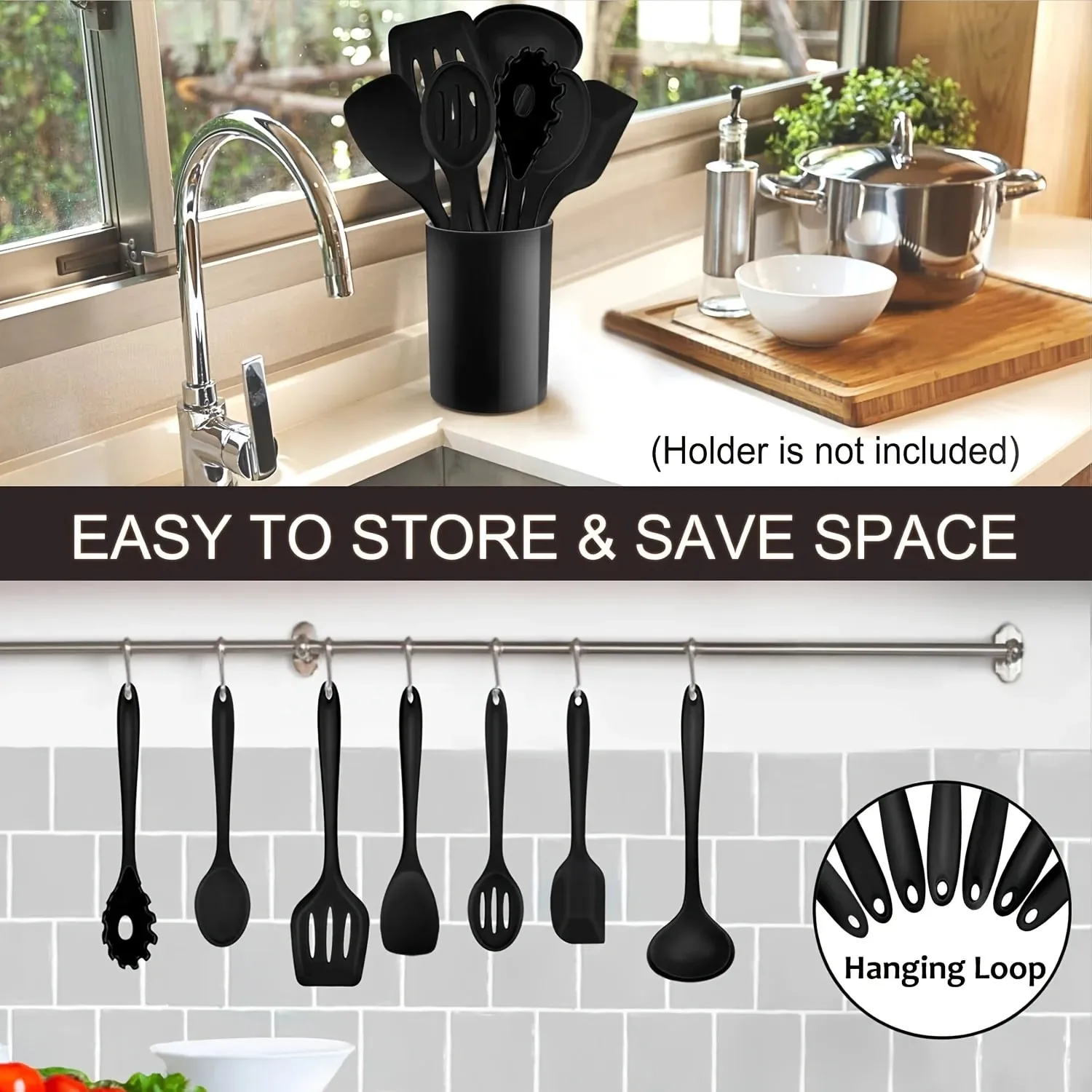 1 /7-Piece Silicone Kitchen Utensil Set - Non-Stick Spatula Spoon Skimmer Pasta Clip & More for Cooking & Baking — image 10