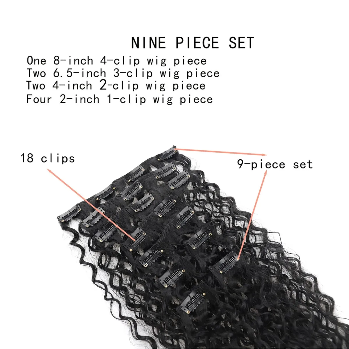 22 Inch Curly Thick Synthetic Hair Extensions Clip in 9Pcs/Set 145g Full Head Black Brown Color