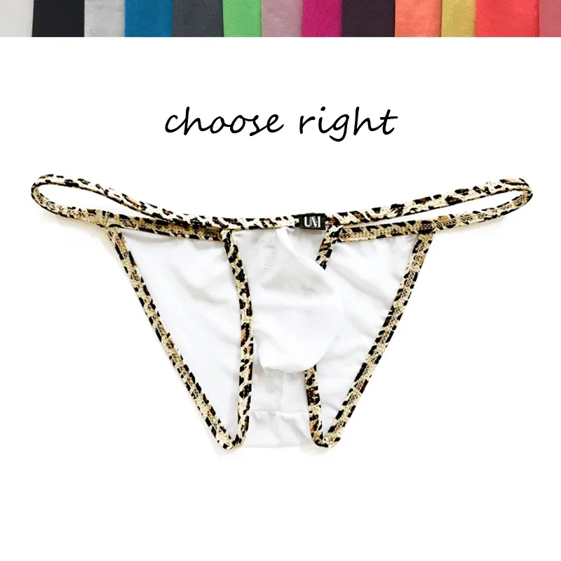 Men's Low Waist Nylon Briefs with Strings Leopard Print Micro Bikini Style Underwear Thin Ultra Slip Push-Up with Bulge Pouch