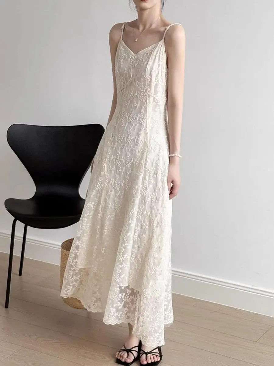 Lace Sling Dress Women Summer New Embroidered Sweet Simple Basic Party Elegant Female Sleeveless Long Dress — image 3