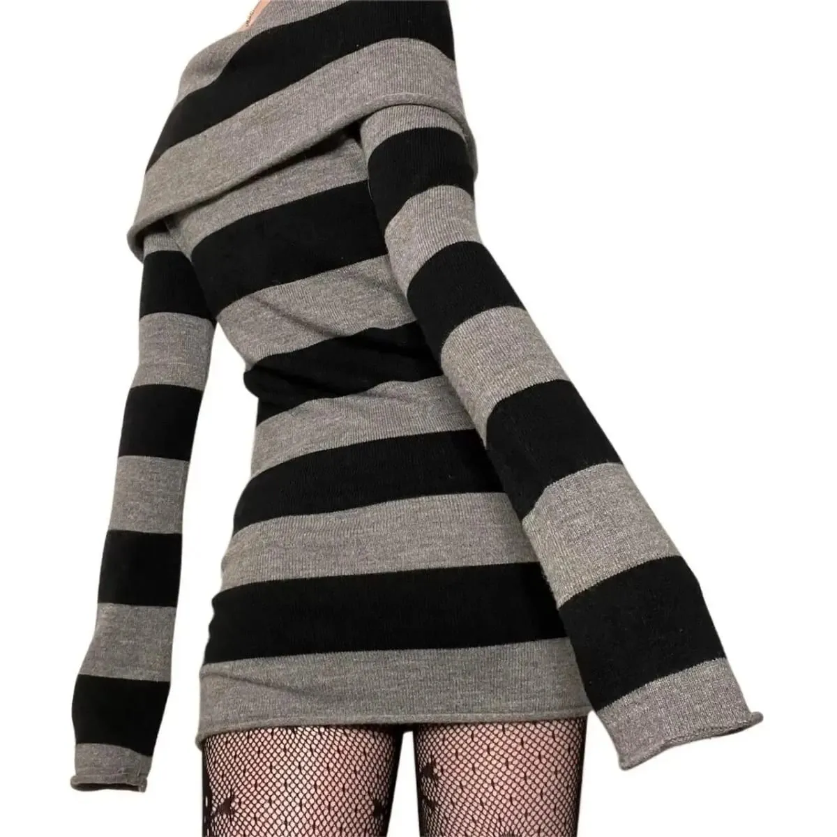 Women Striped Mini Bodycon Dress Stripe Boat-Neck Off Shoulder Long Sleeve Short Dress Spring Autumn Wrapped Hip Party Dress — image 5