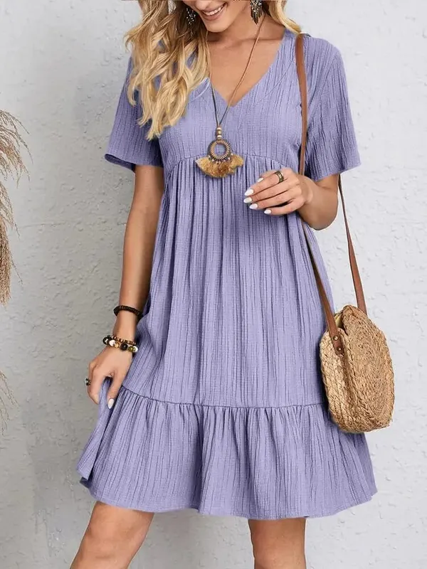 Elegant Solid V Neck A Line Dress 2024 New Summer Ruffles Loose Mini Dress Casual Short Sleeve Beach Party Vestidos Streetwear — image 4