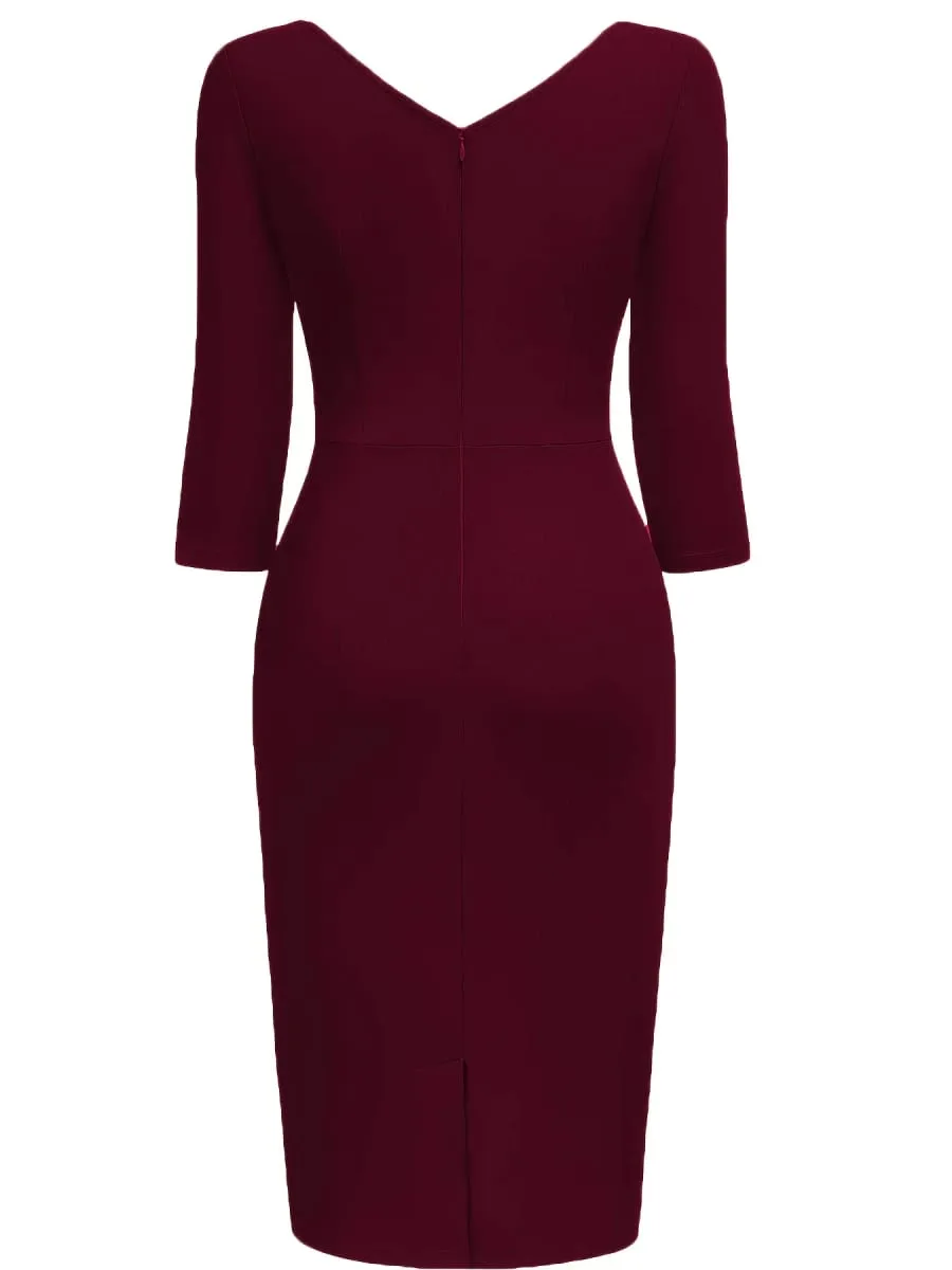 Women Vintage 2/3 Sleeve Deep V-Neck Ruched Slim Knee Length Cocktail Party Wrap Sheath Bodycon Pencil Dress — image 3