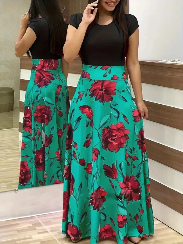 2024 European and American style flower print color matching short sleeved dress for women's large swing skirt — image 10
