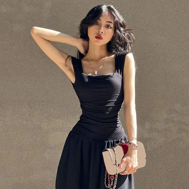 Black Wide Strap Maxi Dress for Women Summer Elegant Temperament High-Waist Party Long Dresses Sexy Ruched Bodycon Midi Dress — image 3