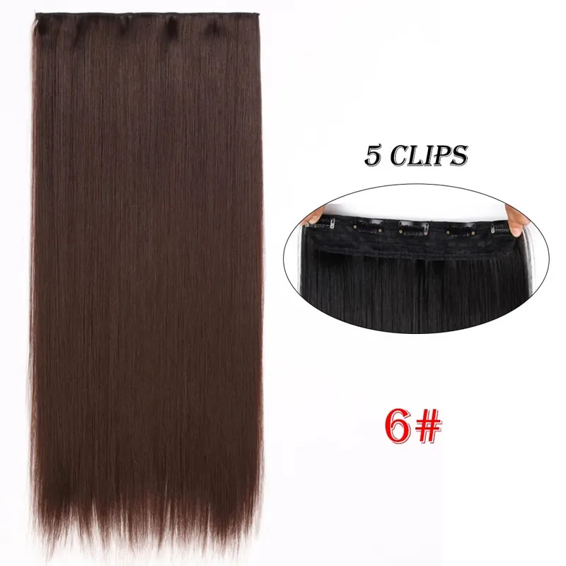 One Piece Clip In Hair Extensions 24" Straight Thick Synthetic Clip In Hairpieces Highlights Black Brown Soft For Women Daily